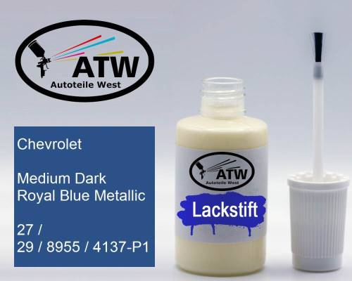Chevrolet, Medium Dark Royal Blue Metallic, 27 / 29 / 8955 / 4137-P1: 20ml Lackstift, von ATW Autoteile West.